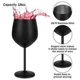 Lifecapido Stainless Steel Wine Glasses Set of 6, 18oz Stainless Steel Metal Wine Glasses, Black Wine Glasses with Cup Brush for Party Office Wedding Anniversary, Great for Red White Wine (Black)