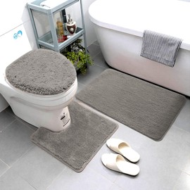 Smart Linen 3 Piece Bathroom Rug Set Includes Bath Rug, Contour Mat and Toilet Lid Cover, Machine Washable, Super Soft Microfiber & Non Slip Bath Rugs with Rubber Backing Solid (Gray)