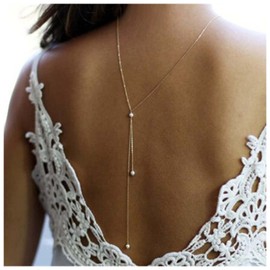 Yheakne Boho Pearl Back Chain Necklace Silver Layered Backdrop Necklace Body Chain Pearl Bridal Back Drop Chain Summer Beach Body Jewelry for Women (Silver)