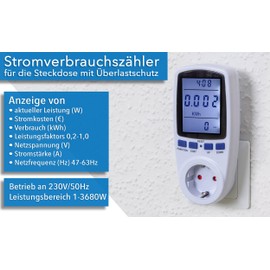 ChiliTec Energy Cost Meter Power Meter Socket 230 V Electricity Meter Energy Cost Meter Large Display up to 3680 Watt with Overload Protection - Pack of 2