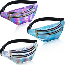 3 Pieces Holographic Fanny Pack for Women Men Kids, Metallic Color Sport Waistbag with Pouches and Adjustable Belt, Hologram PU Waist Pack for Traveling, Running, Partying (Dark Purple, Blue, Silver)