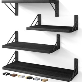 BAYKA Wall Shelves for Bedroom Decor, Floating Shelves for Wall Storage, Wall Mounted Rustic Wood Shelf for Books,Plants,Small Wall Shelf for Bathroom,Kitchen,Living Room(Black，Set of 4)