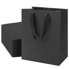 FISHLONO Black Gift Bags With Handles, 8x5x10 Inch Medium Gift Bags Bulk, Black Kraft Paper Bags for Wedding Shopping Party Birthday Business Baby Shower (50)
