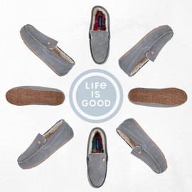 Life is Good Women's Venetian Moccasin Slippers, 302795W - Suede Close Back Indoor/Outdoor Slip-Ons with Faux Fur or Plaid Lining Cushioned Footbed & EVA Outsoles (Seal Gray/Plaid - Size 6)