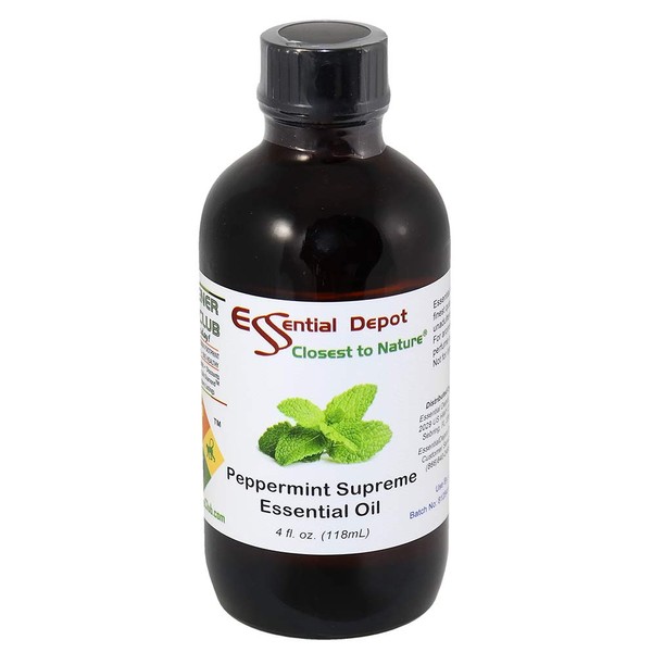 Peppermint Essential Oil - 4 oz - GC/MS Tested - Supplied in 4 oz. Amber Glass Bottle with Black Phenolic Cone Lined and Safety Sealed Cap