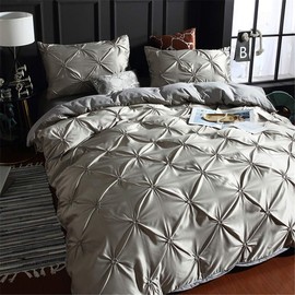 Erosebridal Grey Pinch Pleated Duvet Cover Set King Size Silk Like Satin Pintuck Bedding Set with Zipper Ruffle Design Luxury & Microfiber Comforter Cover Pintuck Decorative Bedspread Cover