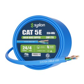 Syston Cable Technology Cat 5e Ethernet Network Cable - 300 FT，350MHz 24AWG Solid Bare Copper Wire Outdoor/Indoor, Bulk No Ends 10 Ft to 1000 Ft Available, Heat Resistant Plenum Rated - CMP
