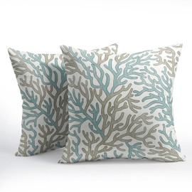 Nautical Coastal Coral Teal Tan White Pillow Covers 18x18 Inch Set of 2 Brown Summer Ocean Themed Beach Pillow Cases Outdoor Linen Square Cushion Cover Farmhouse Decor for Bedroom Home Sofa Couch Bed