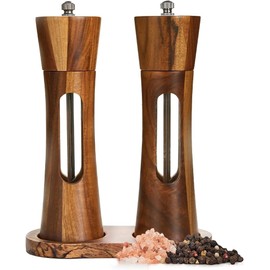 8 Inch Acacia Wooden Salt and Pepper Grinder Set with Tray, Manual Salt & Pepper Shakers with Adjustable Coarseness, Salt and Pepper Mills