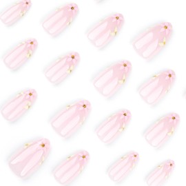 MIXFOSAHN Flower Press on Nails Medium Almond Fake Nails Nude Pink False Nails with Flowers Border Designs Glossy Full Cover Stick on Nails Glue on Nails Spring Acrylic Nails for Women Girls 24 Pcs