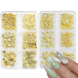 Luxury Gold Nail Charms Kit, 12 Styles Sea & Celestial 3D Nail Art Decorations, Shiny Metal Studs for Nail Design, Perfect for Summer Beach Manicure & DIY Salon Quality Nail Art