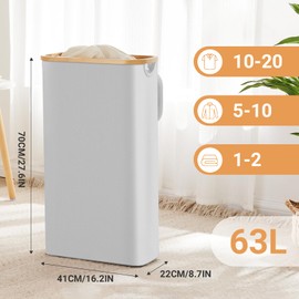 Fiona's magic Slim Laundry Hamper with Lid, 63L Narrow Laundry Basket with Removable Bag, Grey Collapsible Dirty Clothes Basket, Thin Tall Storage Basket for Bathroom, Bedroom