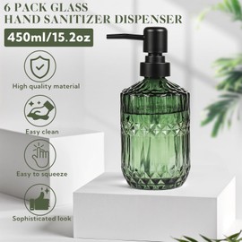 6 Pack Glass Soap Dispenser with Pump 15.2 oz Refillable Liquid Hand Soap Dish Soap Dispensers Vintage Soap Dispenser Liquid Bottle for Kitchen Sink Bathroom Counter(Green,Black Pump Head)