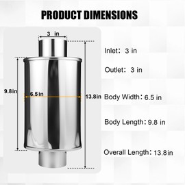 3'' Ultra Quiet Resonator,304 Stainless Steel，3'' Inlet & Outlet 13.8" Overall Length Universal Oval Performance Muffler Resonator