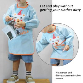 Rumnoke Kids Art Smock Toddler Children Artist Painting Aprons Waterproof Long Sleeves Paint Smocks with Pockets Bear Blue 100 M
