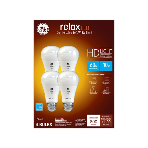 GE Relax LED Light Bulbs, 60 Watt Eqv, Soft White, A19 Standard Bulbs (4 Pack)