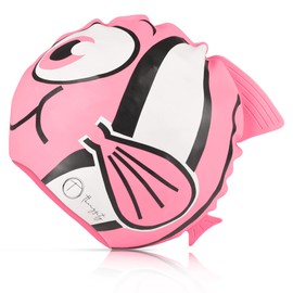 THINGSITY Kids Swim Cap - Comfortable and Durable Waterproof Hat for Long and Short Hair, Non-Slip Lining and Waterproof Design and Protection (Pink Fish)