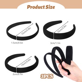 Pack of 3 Women's Velvet Fabric Headband Black Headband Women Girls Wide, Medium and Thin for Carnival, Christmas Gifts, Birthday Gift, Leisure