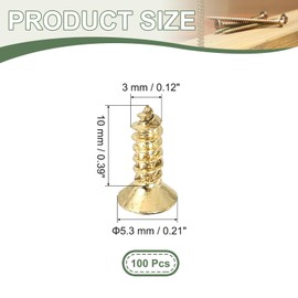 YELARXI Brass Wood Screws Self Tapping Screws, M3 x 10 mm Flat Cross Head Fit for Door Hinges Electronics Furniture (100 Pack, Gold Tone)