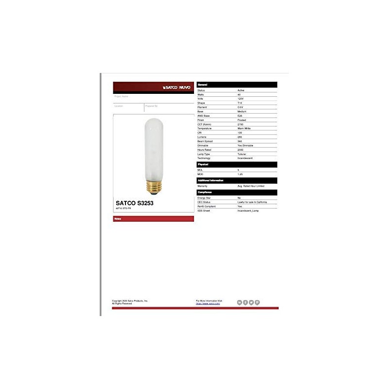 Satco S3253 40T10 STD FR 40 Watt T10 Incandescent; Frost;