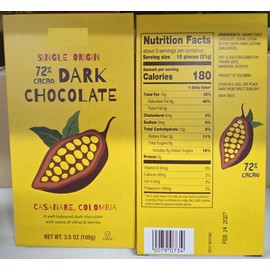 Trader Joe Single Origin 72% Cacao Dark Chocolate Casanare Colombia 3.5oz 100g (Two Bars)
