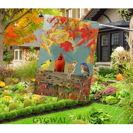 Fall Cardinal House Flag 28x40 Inch Double Sided for Outside, Large Burlap Autumn Yard Flag with Colorful Birds and Maple Leaves for Outdoor Thanksgiving Autumn Decoration