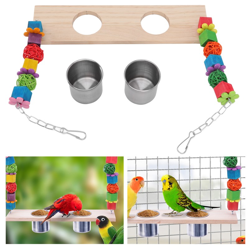 Bird Feeding Dish Cups with Parrot Perch Swing Natural Colorful
