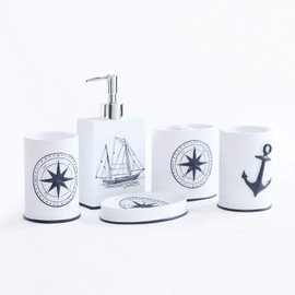 BESTRIPES Bathroom Accessories Set 5 Pcs - Soap Dispenser, Toothbrush Holder, Bathroom Tumbler, Soap Dish, Beach Nautical Bathroom Decor - White/Blue