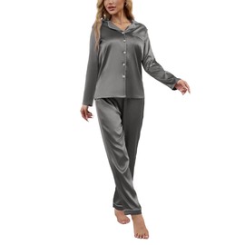 Drtope Women Silk Pajamas Set Long Sleeve Satin Pajamas for Women Sleepwear Button Down Pjs Set Two-piece Dark Grey