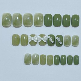 24pcs Short Press on Nails, Nude Blue Pink Cute Designed 3D Ornaments Reusable Glue on Nails Round Square Almond Shape False Nail CINSEVAN'L (Green Marble)