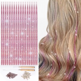 Hair Tinsel I Tip Pink Hair Extensions Hair Tinsel Kit With Accessories I Tip 20Pcs/pack With 100pcs Micro Beads and 1pc Hook Needle 1pc Loop