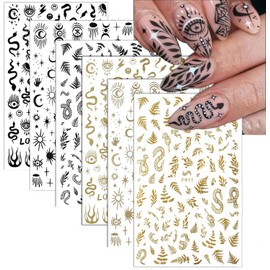 6 Sheet Gold Nail Stickers Black Snake Eyes Leaf Nail Art Stickers 3D Self-Adhesive Bronzing Sun Star Decals Starlight Nail Design Sticker for Acrylic Nail Supplies Women Nail Decorations