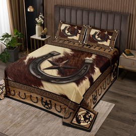 Western Cowboy Bedspread Queen Size,Texas Star Horseshoes Rustic Coverlet Set,Boys Girls Adults Room Decor,Farmhouse Cow Fur Wooden Plank Quilted Coverlet,Brown Retro Bedding Quilt,2 Pillowcases