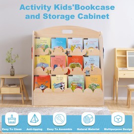 Weihnacht Kids Bookshelf,Upgrade Kids Bookcase Wooden 3-Tier,Toddler Book Display Shelves for Classrooms, Playrooms, and Nursery,Scalloped Book Shelf with Montessori Toys