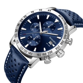 BASUMIU Mens Business Casual Watches Leather Band, Silver Blue Men's Watch with Chronograph Display, Men's Wrist Watches with Day Date Elegant Gift for Men (Silver Blue)
