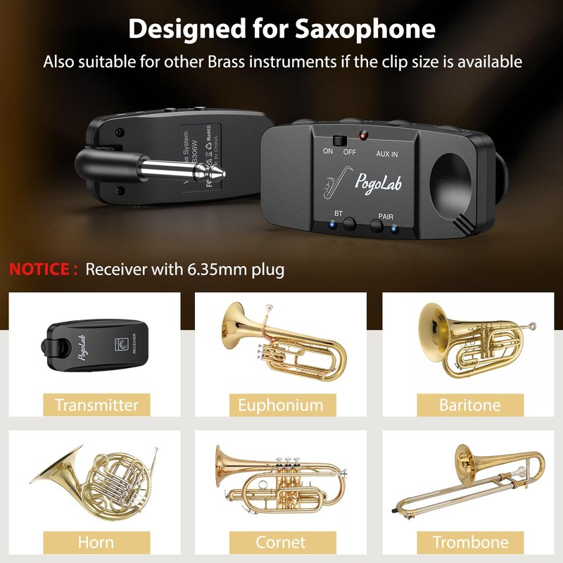 POGOLAB UHF Wireless Saxophone Microphone System, Rechargeable Mic Pickup System