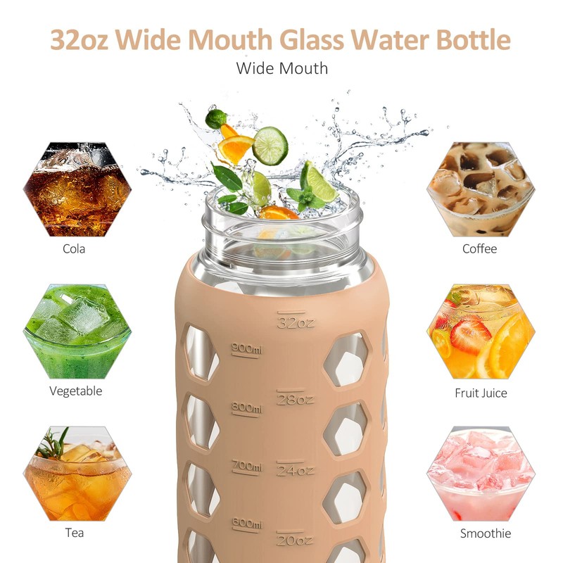 MUKOKO 32oz Glass Water Bottles with 2 Lids-Handle Spout Lid&Bamboo