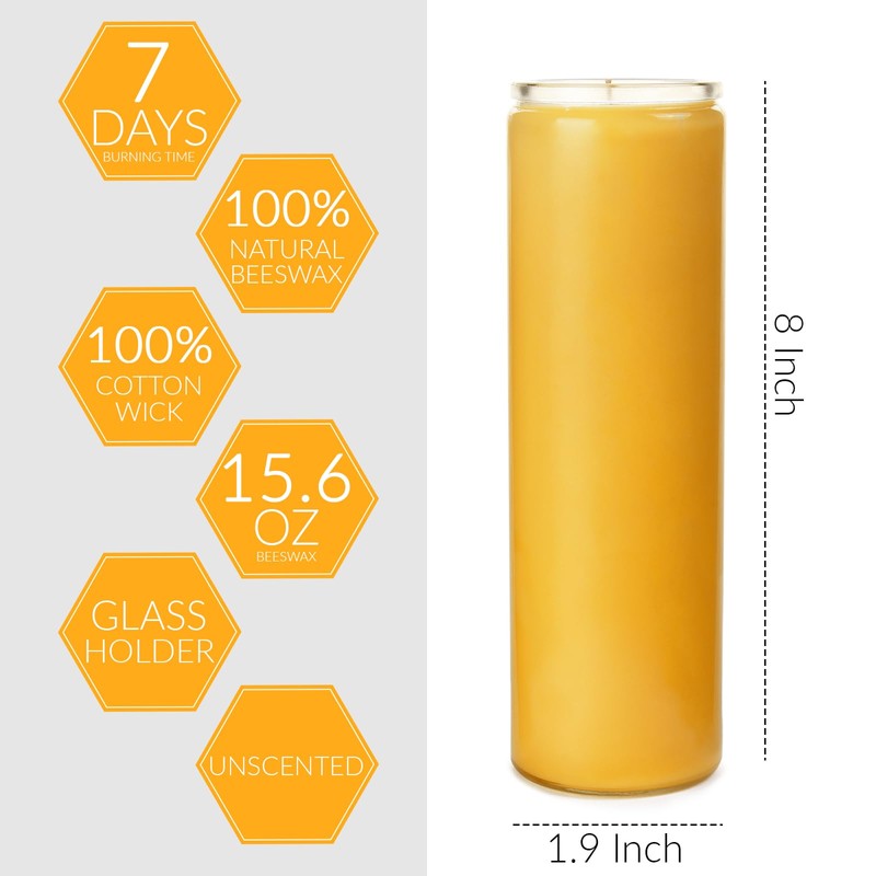 7-Day Pure Beeswax Yartzeit Candle - Unscented Devotional Prayer Candle
