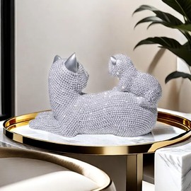 MOTIAHOOM Beaded Mother Cat and Child Cat Figurine Unique Resin Cat Statue with Bead-Like Texture Modern Cat Decor for Bookshelf, Office, Home, Ideal Gifts for Cat Lovers