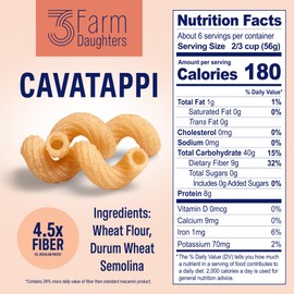 Three Farm Daughters High Fiber Pasta Cavatappi Pack, Low GI, Non GMO Cavatappi Pasta Noodles, Low Net Carb, Made in the USA, 12 oz. (4 Pack)