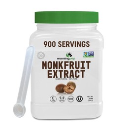 Morning Pep 100% Pure Monk Fruit extract sweetener, No Erythritol, Monkfruit Extract Powder, NON-GMO Project Verified, Keto Certified, OU kosher, No Fillers Zero Calories | Over 900 Servings | 10 oz