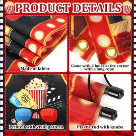 3Pcs Movie Night Porch Sign Banner Movie Theme Theater Welcome Now Showing Party Front Door Banner Wreath Photography Background Hanging Yard Sign for Home Film Red Carpet Event Awards Bunting Decor