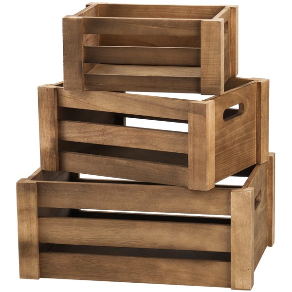 Lawei Set of 3 Wood Nesting Storage Crates with Handle, Rustic Decorative Wooden Crates Distressed Crates Storage Container for Storage Display Decoration