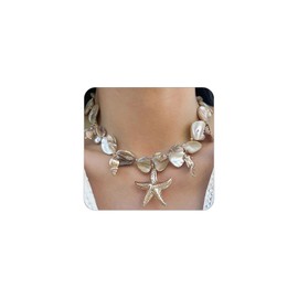 Gold Starfish Shell Mermaid Necklaces for Women,Boho Seashell Natural Stone Charming Choker,Exaggerate Chunky Statement Neck Jewelry Beach Accessories (White)