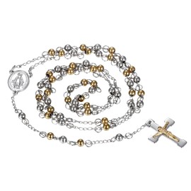 OIDEA 5MM Mens Womens Stainless Steel Mary Jesus Christ Crucifix Cross Pendant Rosary Beads Necklace,Gold Tone