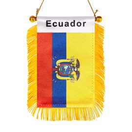 WXTWK 3 X 5 Inch Ecuador Flag Ecuadorian Window Hanging Flag Small Mini Car Flags Banners Rearview Mirror Decoration With Suction Cup Golden Fringy Banner