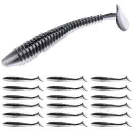 RUNCL ProBite Paddle Tail Swimbaits Black Silver, Soft Fishing Lures - Natural Oils, Ribbed Design, Paddle Tail, Hook Slot, Proven Colors - Bass Fishing Lures Baits 02 (4in, Pack of 20)