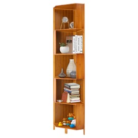 Industrial A-Shaped Corner Bookcase, Tall Bamboo & HDF Multifunctional Storage Shelf for Home Office & Living Room,Space-Saving Display Stand with Modern Industrial Design (5-Tiers)
