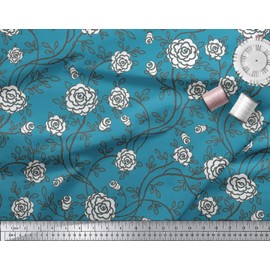 Soimoi Blue Cotton Canvas Fabric Leaves & Floral Artistic Decor Fabric Printed metre 56 Inch Wide