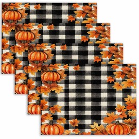 Mrcrypos Black and White Checkered Pumpkin Maple Leaves Kitchen Placemats 18"X12" Thanksgiving Vintage Table Mats Set of 4 Easy to Care for Dining Kitchen Restaurant Table